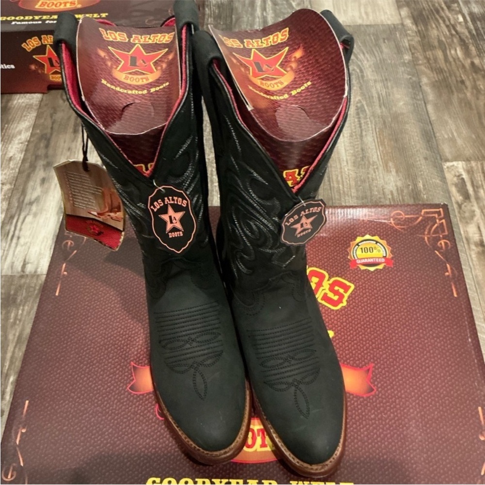 Los Altos Black Crazy Leather Oval Toe Cowboy Boots NWT NIB Goodyear Welt S 6.5